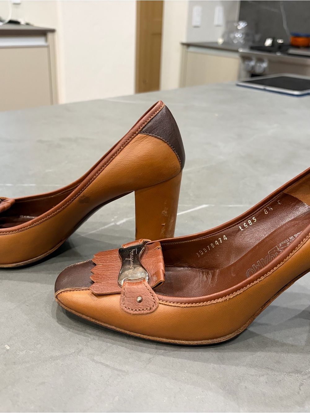 Salvatore Ferragamo Tan and Brown Leather Block Heel Pump - Picture 6 of 14